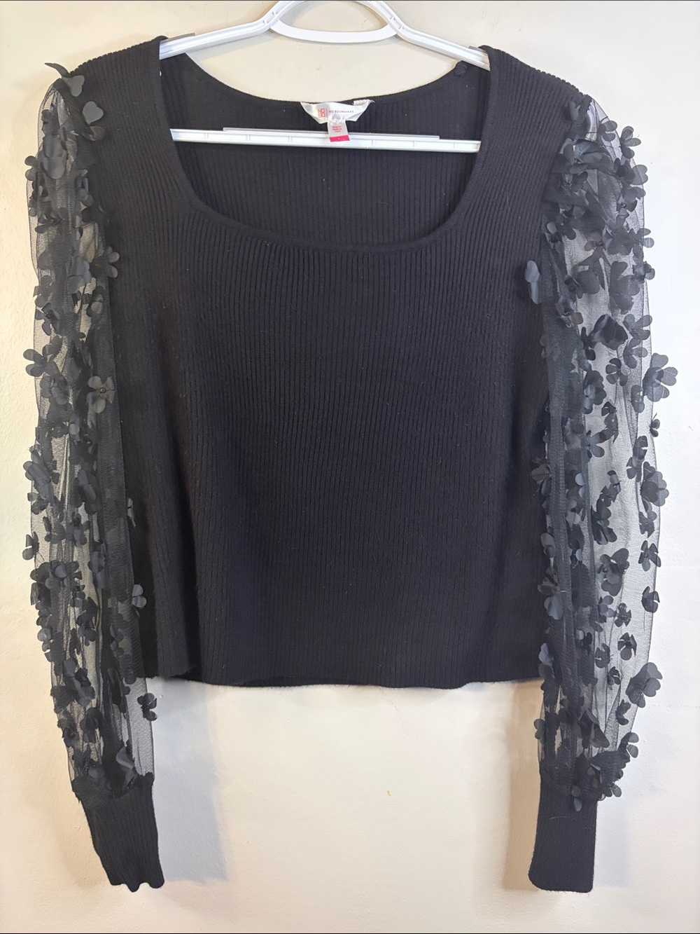 No Boundaries Black Scoop Neck Sweater with Floral Mesh Sleeves Large 11-13 #112